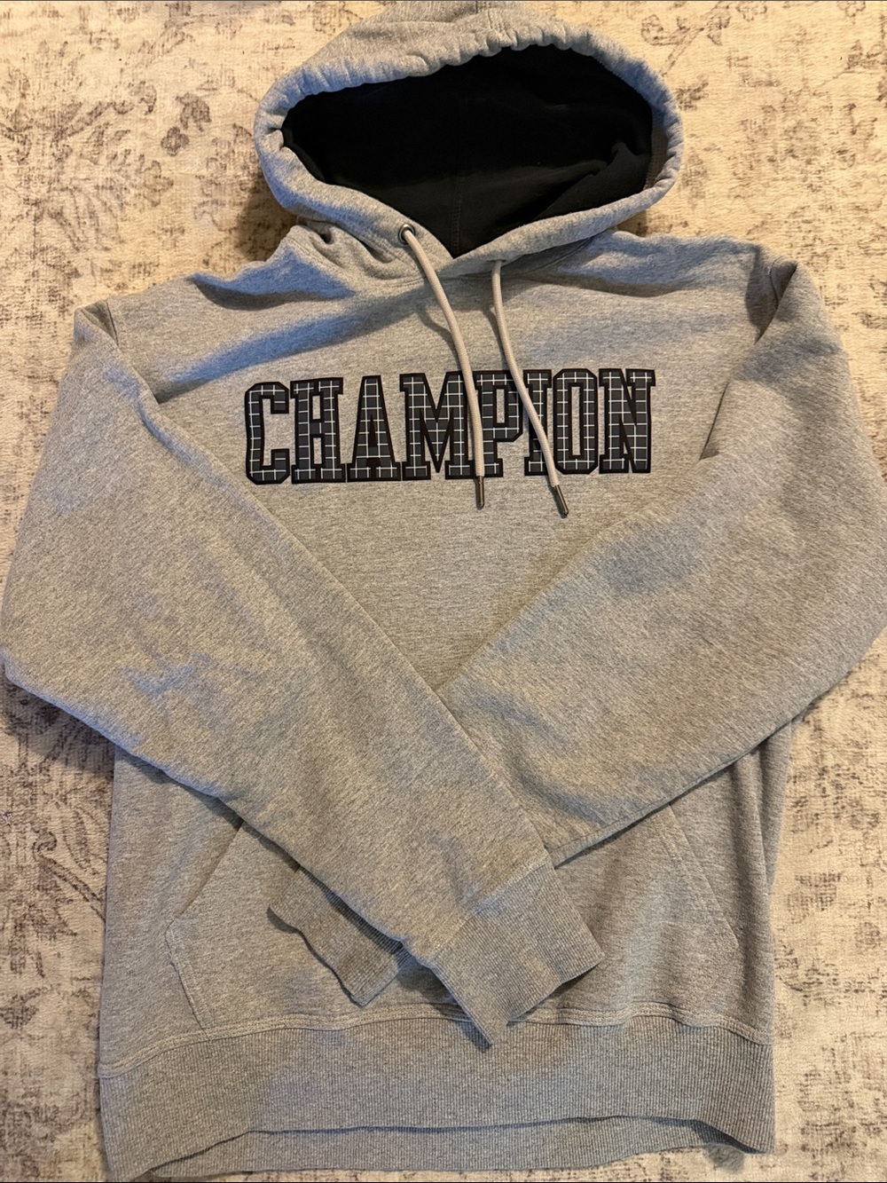 Champion Gray Hooded Sweatshirt with Black Lined Hood and Logo